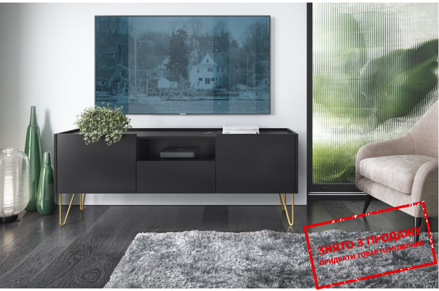 Тумба під телевізор Perfect Home Гармони / Harmony 1-дверна з 2 шухлядами і золотими ніжками RTV144 Чорний/чорний мармур роял
