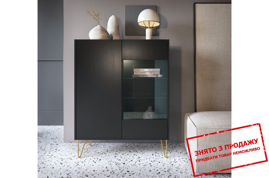 Вітрина Perfect Home Гармоні / Harmony 2-дверна з золотими ніжками WT97 Чорний/чорний мармур роял