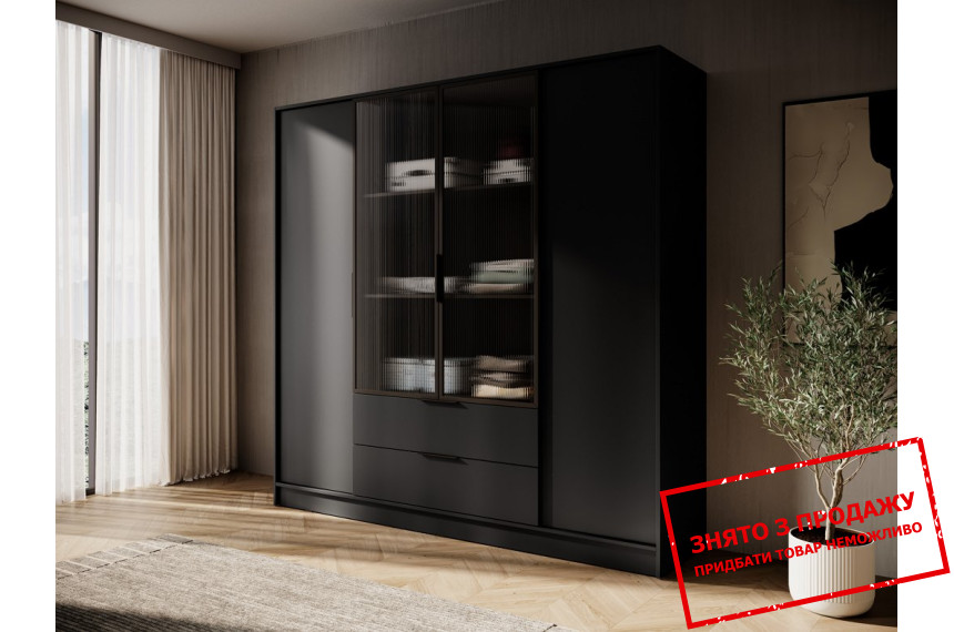 Гардеробна / шафа для одягу Perfect Home Келлі / Kelly 4DRM 4-дверна з центральними прозорими дверцятами та додатковими полицями Чорний